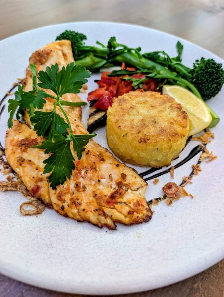Grilled Snapper, potato rosti, broccolini, charred eggplant and capsicum, balsamic dressing